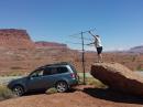 When we got to the HIte Overlook, a wonderful high spot to operate in DM47, we found that the Moxon side element had again become disconnected. No problem, Mike just backed up the Subaru to a rock, I scrambled up it and fixed the antenna. 